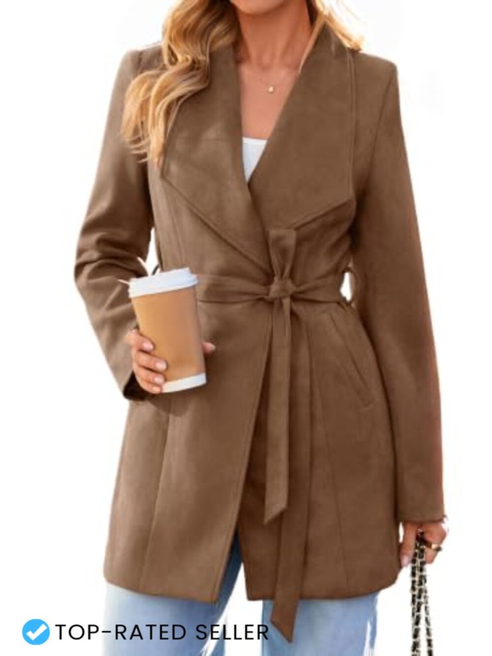 Faux Suede Trench Coat Tie Waist Open Front Lapel Fall Outerwear